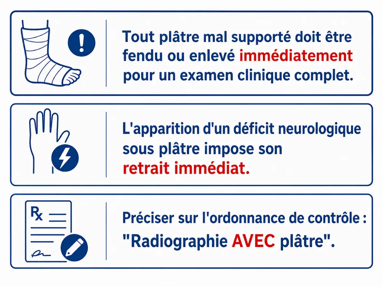 Trois règles de sécurité : retirer immédiatement tout plâtre mal supporté, retirer immédiatement un plâtre en cas de déficit neurologique et demander une radiographie avec le plâtre