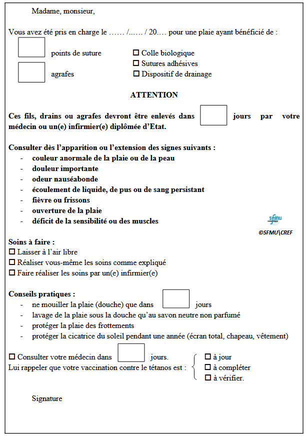 Fiche de conseils à remettre au patient après la prise en charge d’une plaie